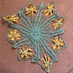 VTG HAND CROCHETED DOILY 18” Blue Orange Flowers Vintage Handmade